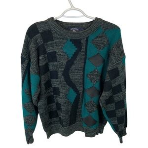 Vintage Atlantic Traders 80s Sweater Turquoise Grey sz M Geometric Grandpa